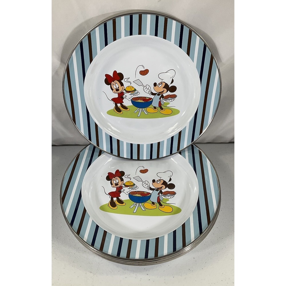 Disney Store Mickey Minnie Mouse Summer Fun BBQ Metal Plates 10" Plate Set Of 6